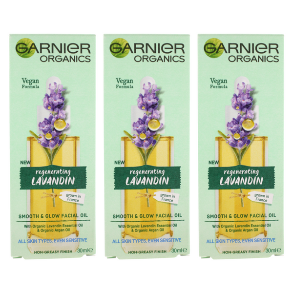 3x Garnier Organics Regenerating Lavandin Smooth and Glow Facial Oil 30ml