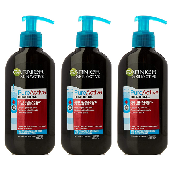 3x Garnier Pure Active Charcoal Anti Blackhead Cleansing Gel 200ml