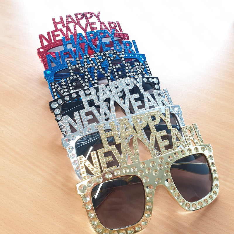 BLACK Happy New Year Diamante Party Sunglasses