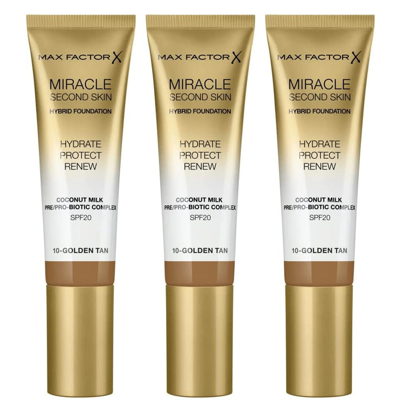 3pk Max Factor Miracle Second Skin Hybrid Foundation SPF20 30mL 10 Golden Tan - Makeup Warehouse Australia