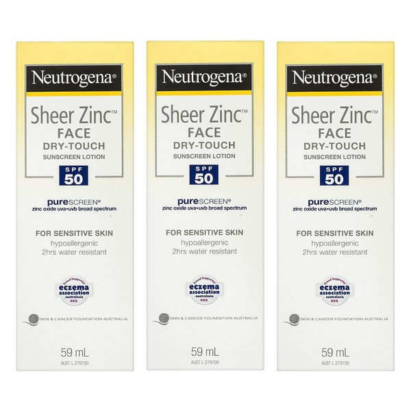 3x Neutrogena Sheer Zinc Face Dry Touch Sunscreen Lotion SPF50 59mL - EXPIRY 30/04/2024