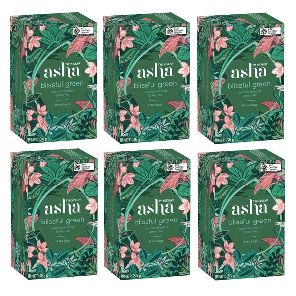 6 x Twinings Asha Blissful Green Jasmine Scented Organic Green Tea Bags 36g 18 Pack