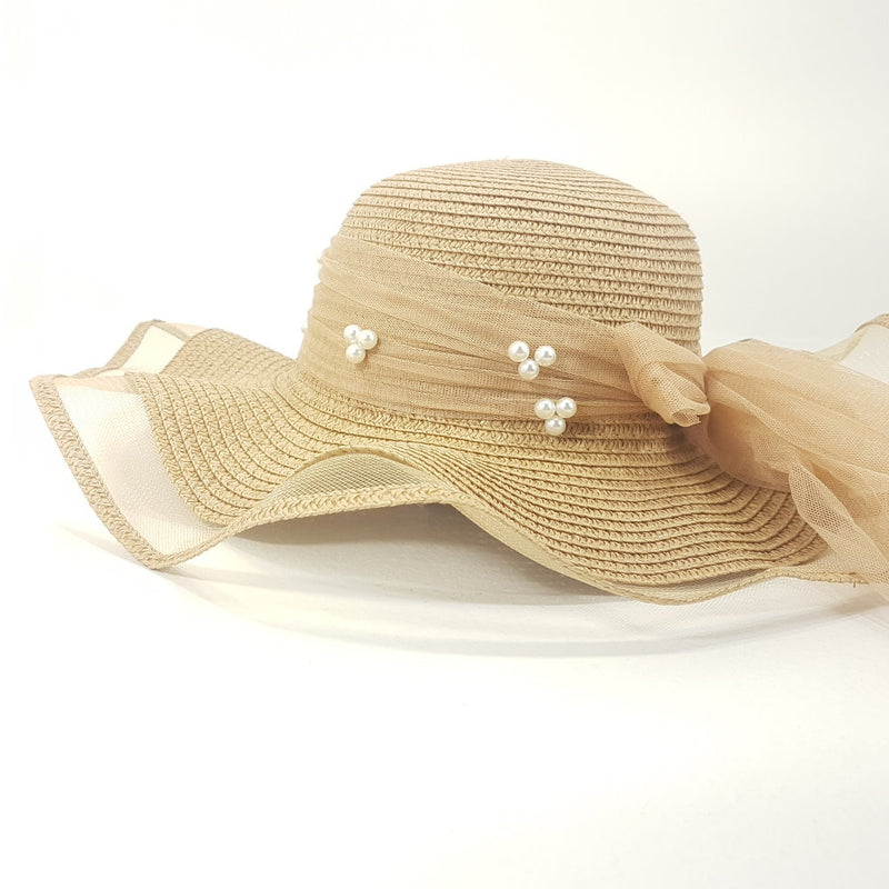 Rosy Lane Fashion Summer Hat with Bow Ribbon - Tan & Pearls