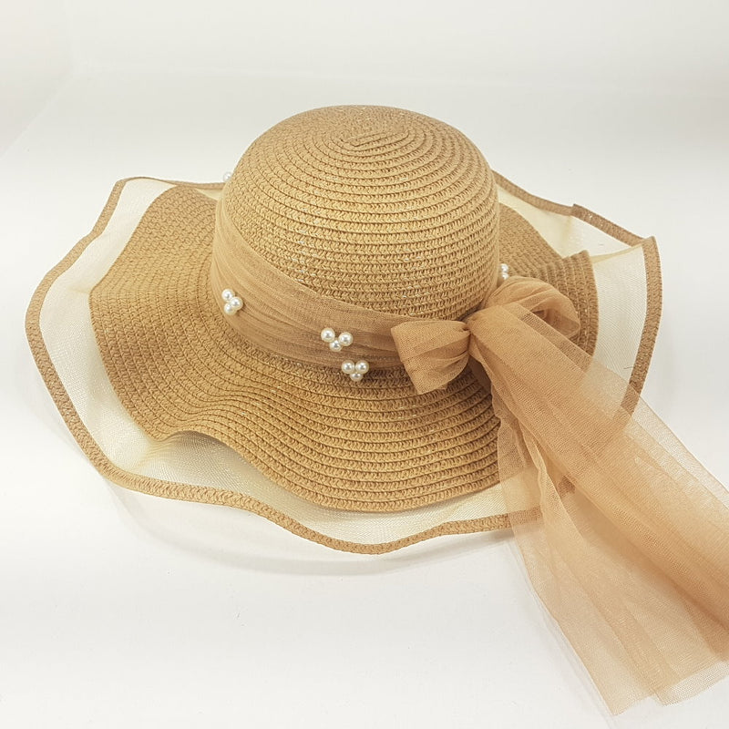 Rosy Lane Fashion Summer Hat with Bow Ribbon Tan & Pearls - Makeup Warehouse