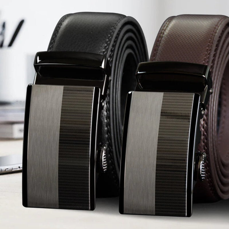 OSKA Men’s Belt Genuine Cow Leather Automatic Ratchet Buckle 2 Tone Black - Gift Box